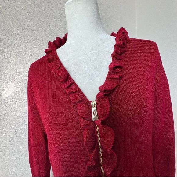 Belle by Kim Gravel Red Cardigan Metallic Thread Ruffle Zip Up SZ M NWT - Picture 5 of 16